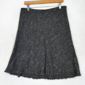 Eileen Fisher Skirt Womens Large Black Wool Linen A Line Fringe Italian Fabric